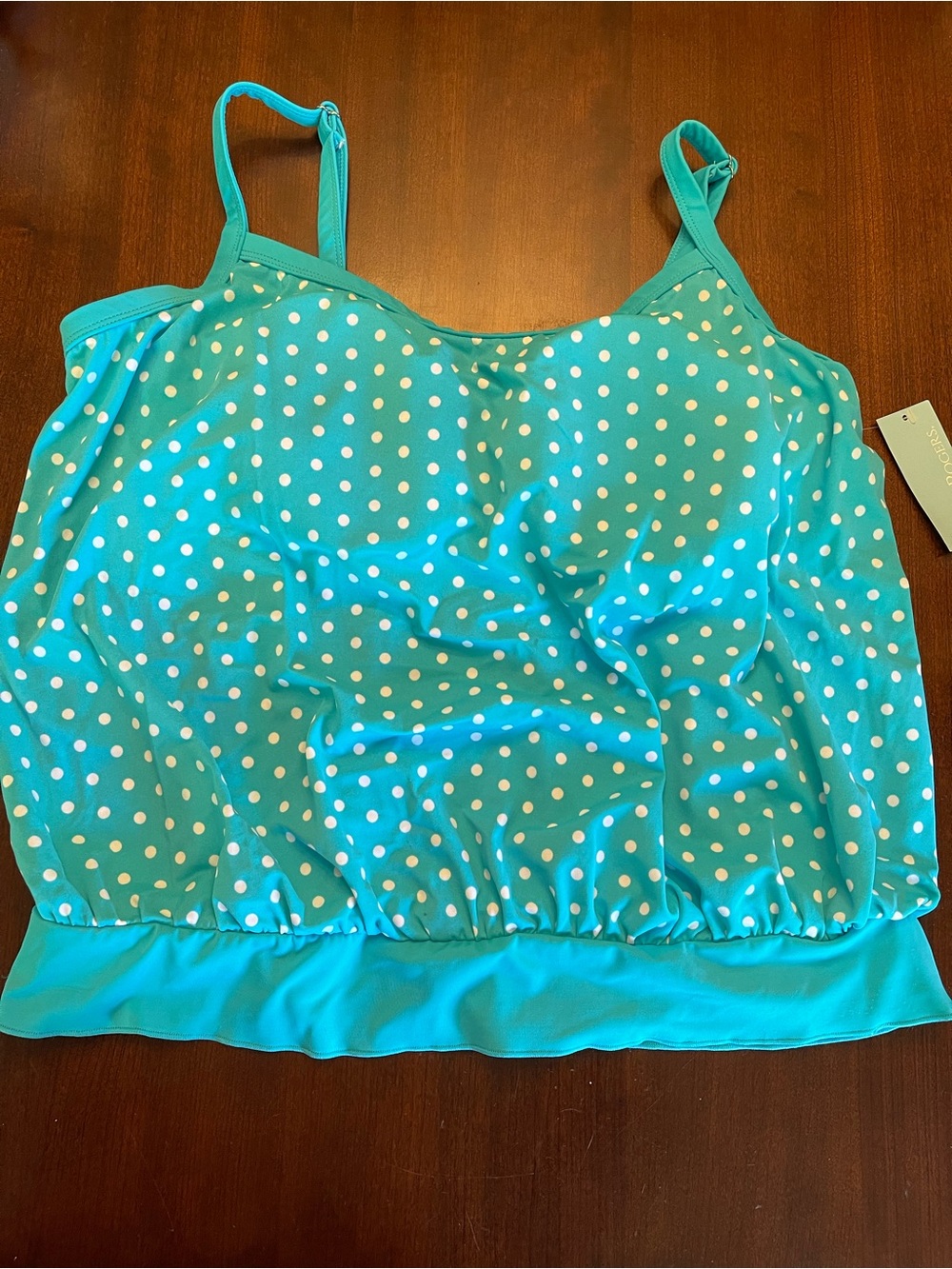 Kim Rogers Teal Polka Dot Blouson Tankini Top NWT